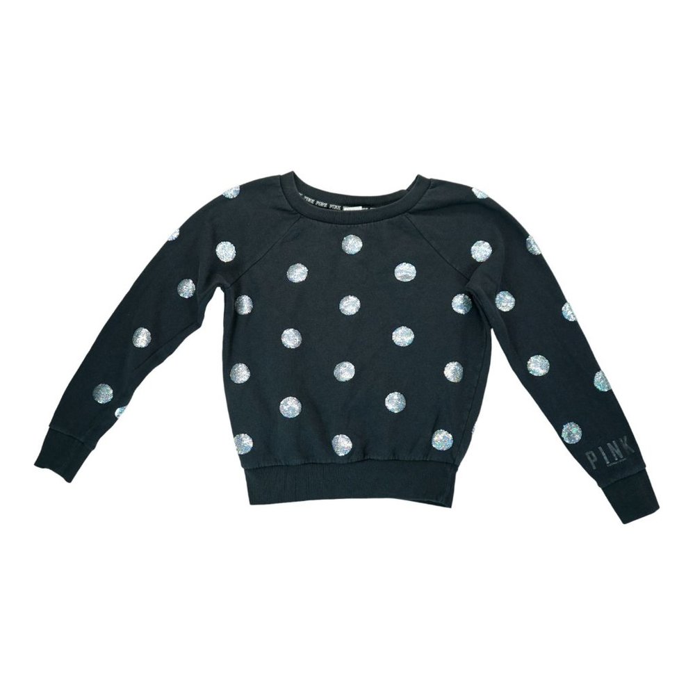 Victoria’s Secret PINK Sequin Polka Dot Sweatshirt Small S Black Holo Shirt Top